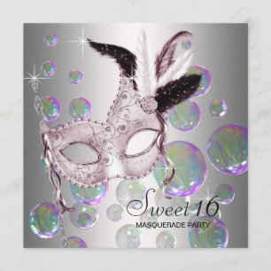 Convites Festa de Máscaras Silver Pink Bubbles Sweet Sixtee
