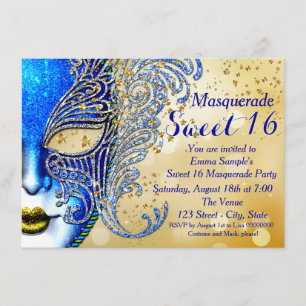 Convites Festa de Máscaras Sweet 16 Azul Real e Dourado