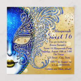 Convites Festa de Máscaras Sweet 16 Azul Real e Dourado