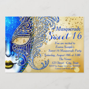 Convites Festa de Máscaras Sweet 16 Azul Real e Dourado