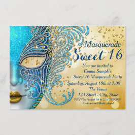 Convites Festa de Máscaras Sweet 16 Azul Turquesa e Dourado