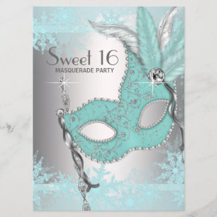 Convites Festa de Máscaras Sweet 16 Azul Turquesa Floco de 