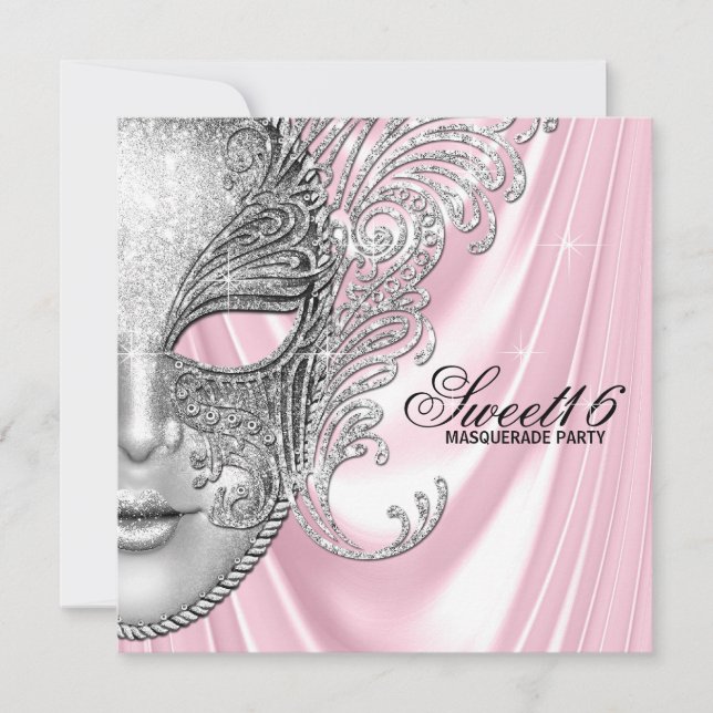 Convites Festa de Máscaras Sweet 16 de Cetim Rosa (Frente)