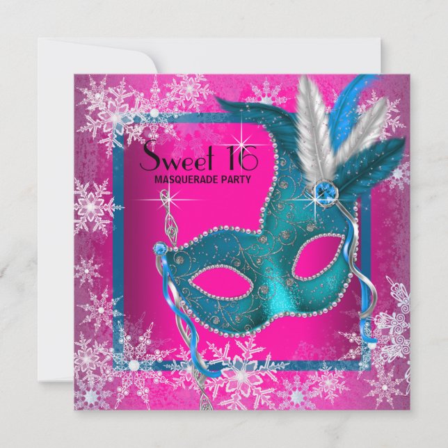 Convites Festa de Máscaras Sweet 16 Floco de Neve Rosa Quen (Frente)