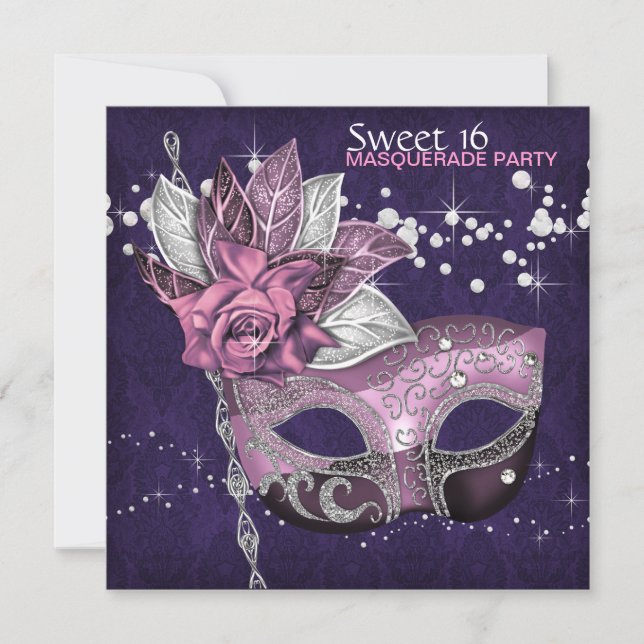 Convites Festa de Máscaras Sweet 16 Rosa Roxo (Frente)