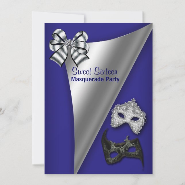 Convites Festa de Máscaras Sweet Sixteen Azul Royal Prata (Frente)