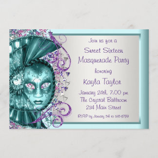 Convites Festa de Máscaras Sweet Sixteen Azul Turquesa Roxo