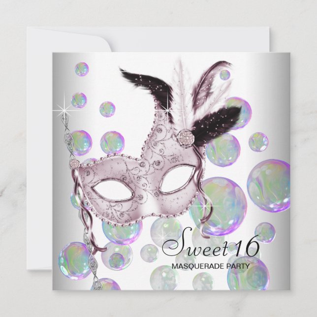 Convites Festa de Máscaras Sweet Sixteen com Bolhas Rosa Br (Frente)