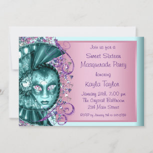 Convites Festa de Máscaras Sweet Sixteen Rosa Azul Turquesa