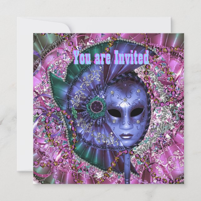 Convites Festa de Máscaras Verde Roxo (Frente)