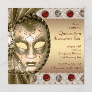 Convites Festa de Máscaras Vermelha e Dourada Elegante