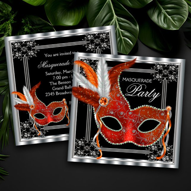 Convites Festa de Máscaras Vermelha e Preta (Beautiful red, black and silver masquerade party invitation with elegant red feather mask.)