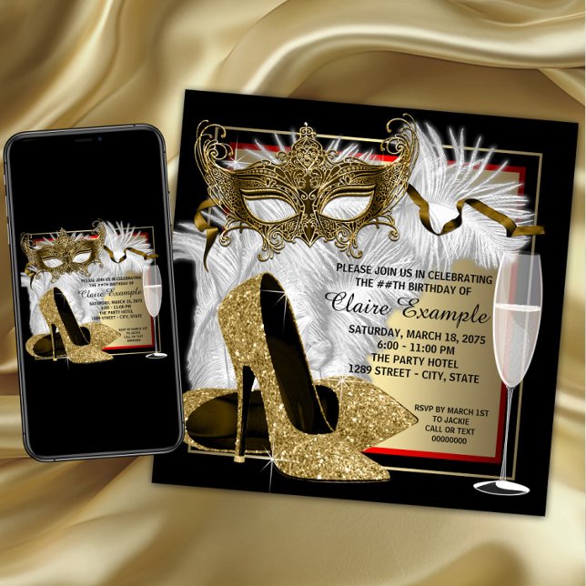 Convites Festa de Máscaras Vermelho e Dourado das Mulheres (Womans masquerade birthday party invitation with elegant mask, shoes, feathers and champagne glass.)
