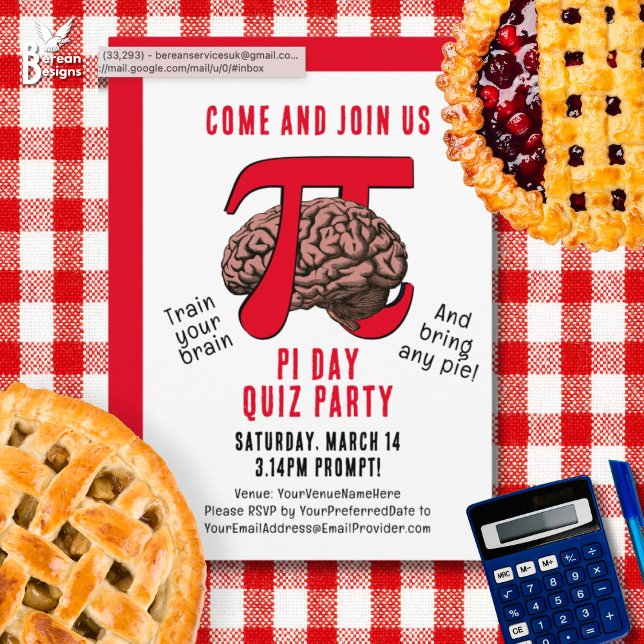 Convites Festa de Memorização de DIA PI (Fun PI DAY QUIZ PARTY Invitation to celebrate March 14. Ideal for math quizzes and pie lovers too.)