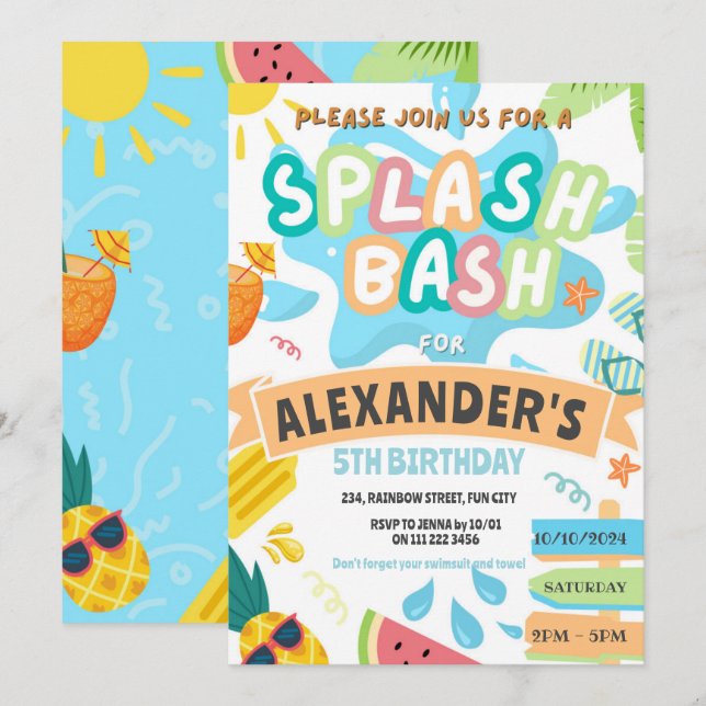 Convites Festa de Meninos na Piscina Summer Splash Party no (Frente/Verso)