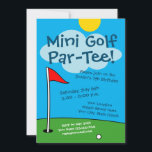 Convites Festa de mini golfe de miniatura de golfe do Kid<br><div class="desc">Convite de festas de mini golfe mini mini de golfe do garoto. Ótima ilustração colorida para crianças. Adequado para meninos e meninas. Comemorações do temático desportivo com atividades para crianças pequenas. Um belo campo verde com bandeira, bola, nuvens e sol. Modelo de tipografia bonita para nome, data, localização e RSVP....</div>