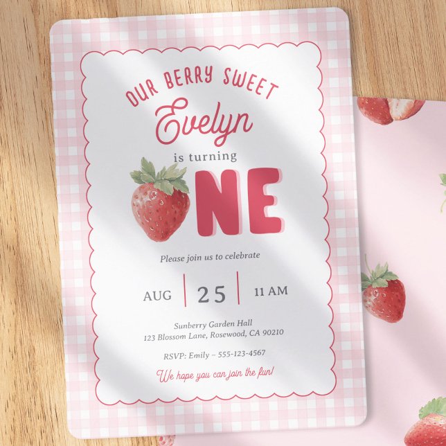 Convites Festa de Morango com Xadrez Rosa Primeiro Aniversá (Berry First-Strawberry with pink gingham background. Spring Girl 1st Birthday Invitatio)