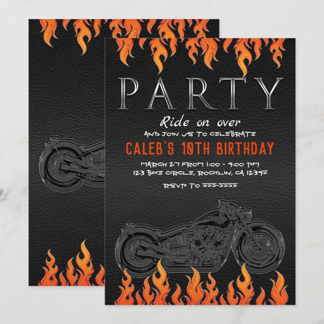 Convites Festa de Motociclista Couro Preto Chamas Laranjas (Frente/Verso)