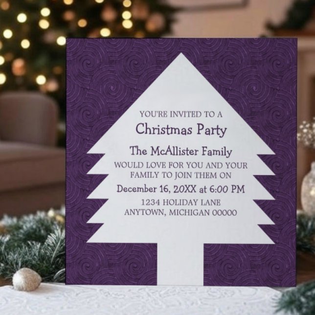 Convites Festa de Nadadores de Árvores de Natal Roxo Convid (Purple Christmas Tree Swirls Party Invitation)