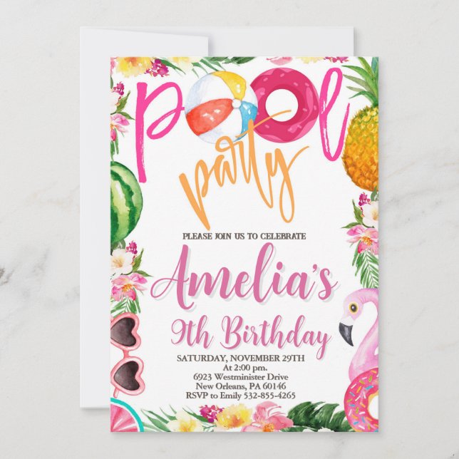 Convites Festa de Nado, Festa de Piscina, Aniversário, Qual (Frente)