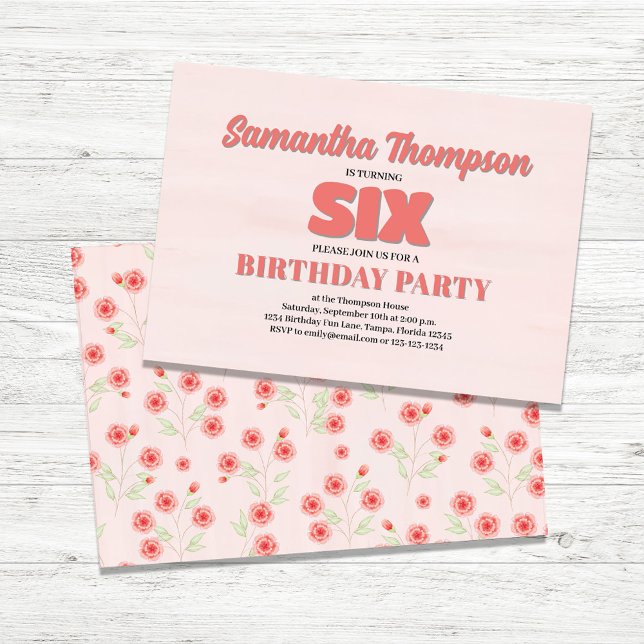 Convites Festa de Namorada Rosa Floral Sexto aniversário Mo (Sixth Birthday Girl Custom Party Invitations.)