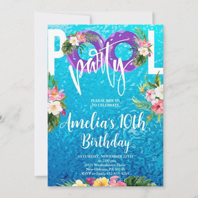 Convites Festa de Natação, Festa de Aniversário na Piscina  (Frente)