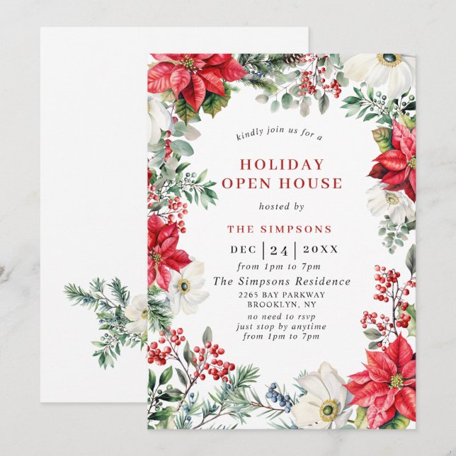 Convites Festa de Natal Aberta da Casa Elegante Poinsettia (Frente/Verso)