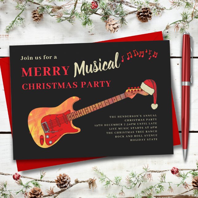 Convites Festa de Natal Alegre de Rock and Roll (Rock and roll merry musical Christmas party music themed invitation guitarist musician band)