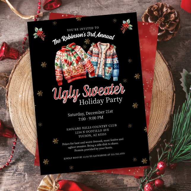 Convites Festa de Natal anual e doce, festiva e doce (Festive sparkling ugly sweater contest holiday christmas party invitation for work corporate home)