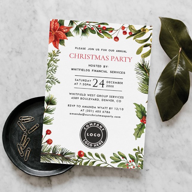Convites Festa de Natal Anual para Funcionários Corporativo (Christmas Holidays Company Logo Poinsettia Red Berries Botanical Annual Party Invitation)