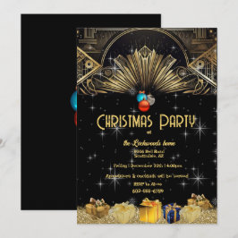 Convites Festa de Natal Art Deco Dourado Preto