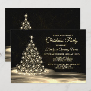 Convites Festa de Natal Árvore Brilhante Dourada Inverno Pr