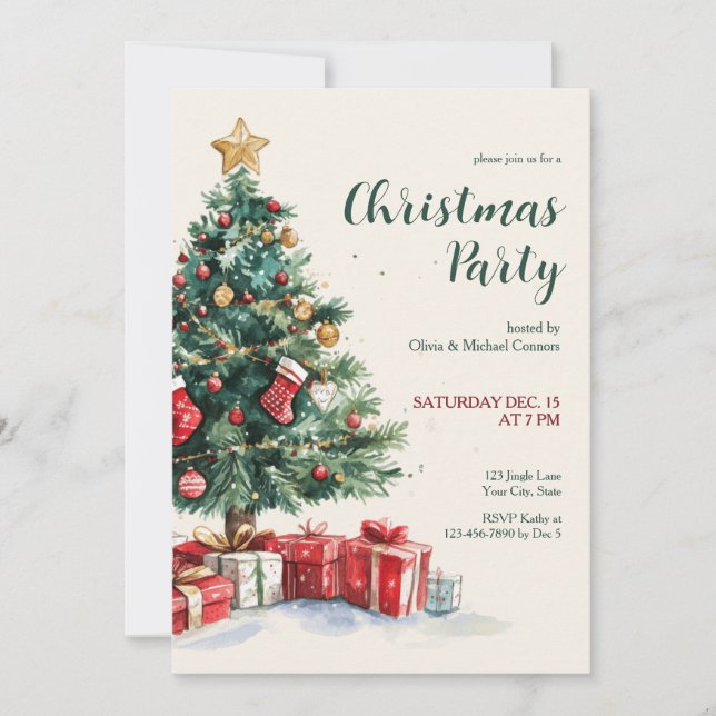 Convites Festa de Natal Árvore de Natal em Aquarela (Frente)