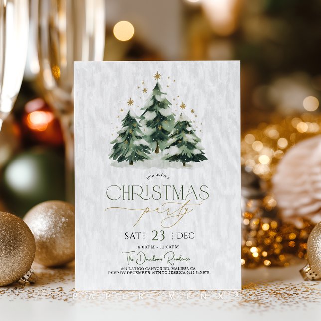 Convites Festa de Natal Árvore de Natal Verde Dourado (Christmas party invitation featuring cute green and gold Christmas tree and stars. )