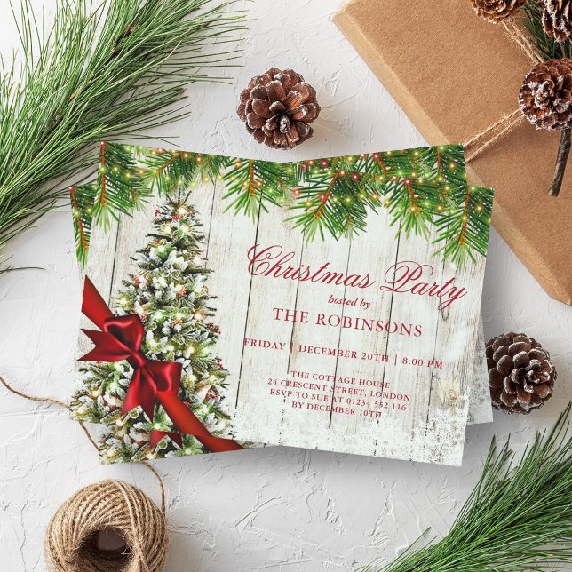 Convites Festa de Natal | Árvore russa e fita vermelha (Christmas Party | Rustic Tree & Red Ribbon Invitation)