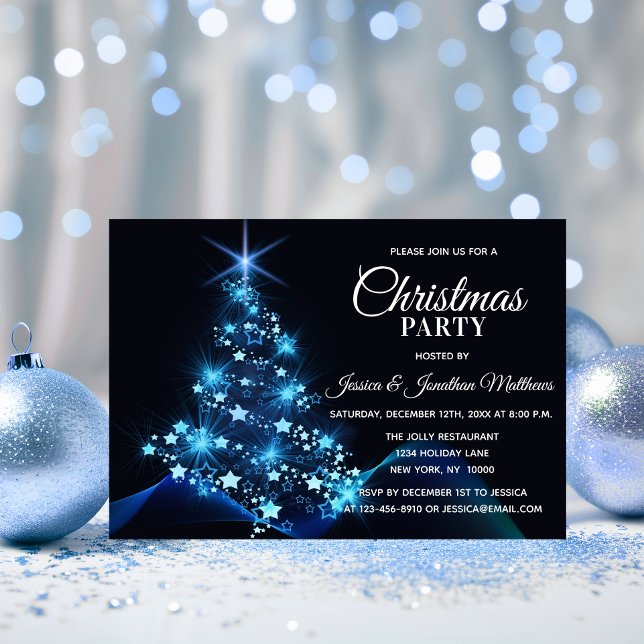 Convites FESTA DE NATAL AZUL brilha na árvore de neve (CHRISTMAS PARTY BLUE Twinkle Lights Snow Tree Invitation)