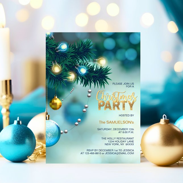 Convites FESTA DE NATAL Azul Dourada Árvore Baleeira Brilha (CHRISTMAS PARTY Blue Gold Tree Baubles Glitter Invitation)