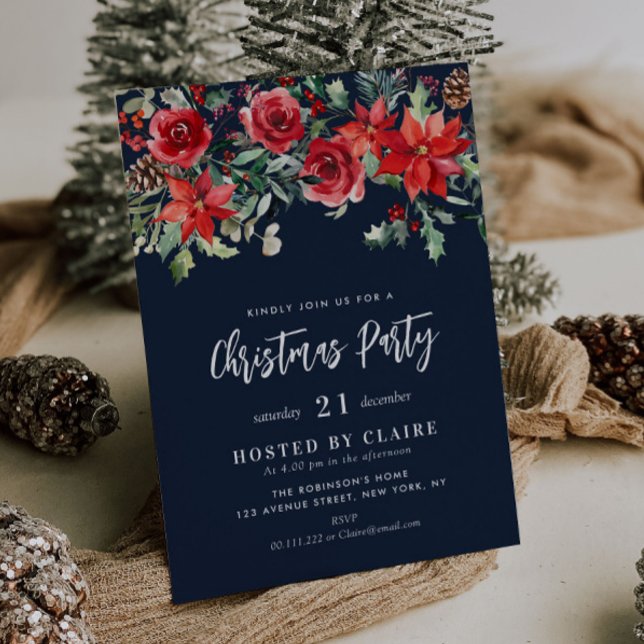 Convites Festa de natal azul-marinho floral de inverno (Criador carregado)