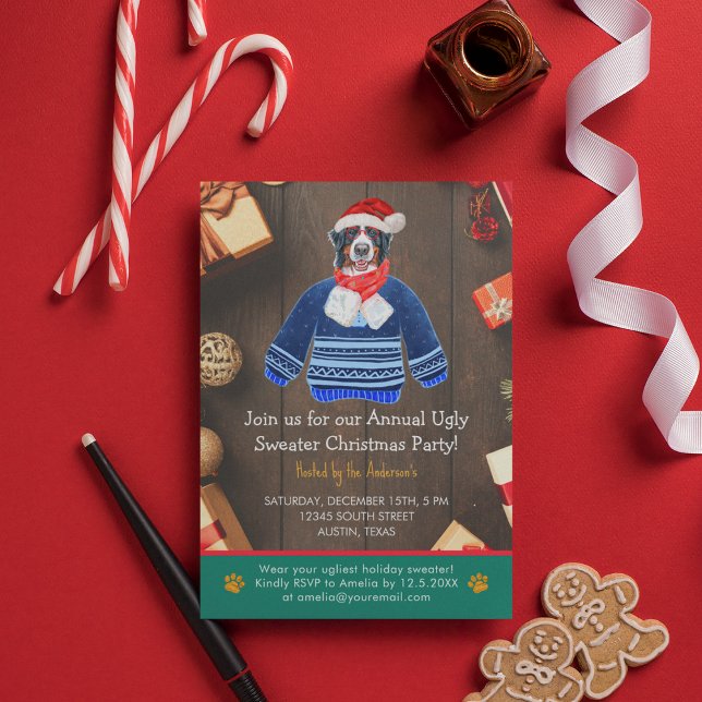 Convites Festa de Natal Bernese Dog Ugly Sweater (Front )