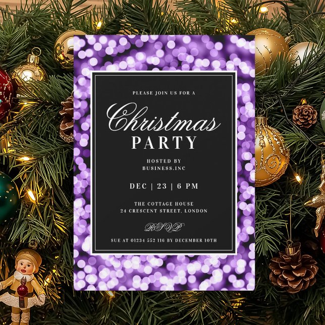 Convites Festa de Natal Black & Purple Glam Lights (Black & Purple Christmas Glam Lights Holiday Party Invitation)