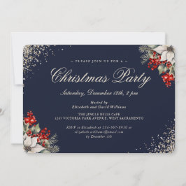 Convites Festa de Natal Blue Gold Holly Berries