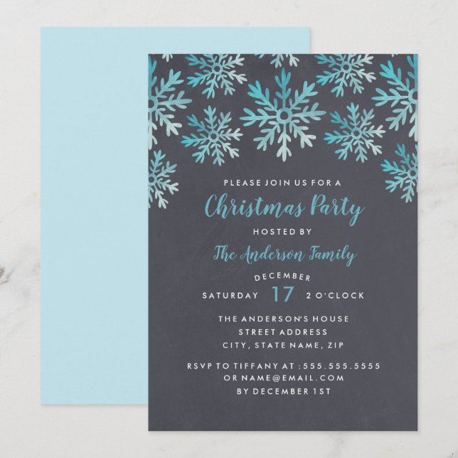 Convites Festa de Natal Blue Watercolor Snowflake (Frente/Verso)