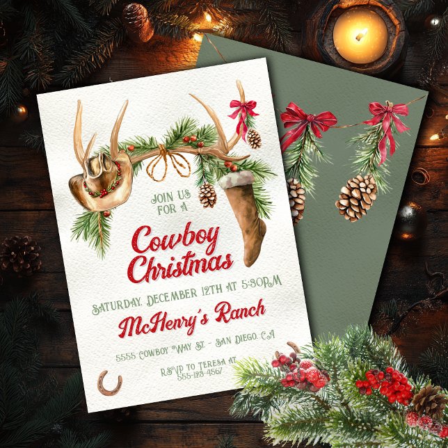 Convites Festa de Natal Boho Western Antler Cowboy (Criador carregado)
