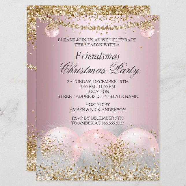 Convites Festa de Natal bonito, cor-de-rosa Dourada, (Frente/Verso)