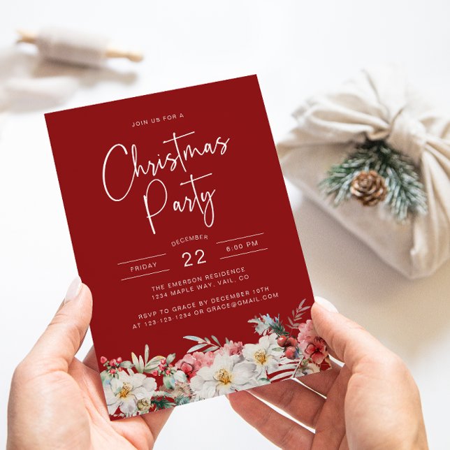 Convites Festa de Natal Botânica (Elegant Red Christmas Party Holiday Invitation Watercolor Berries Botanical Florals)