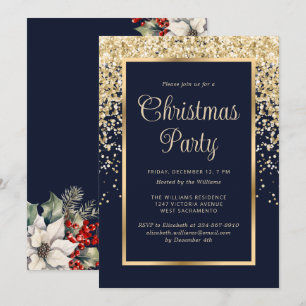 Convites Festa de Natal Botânica Confete Dourado Azul