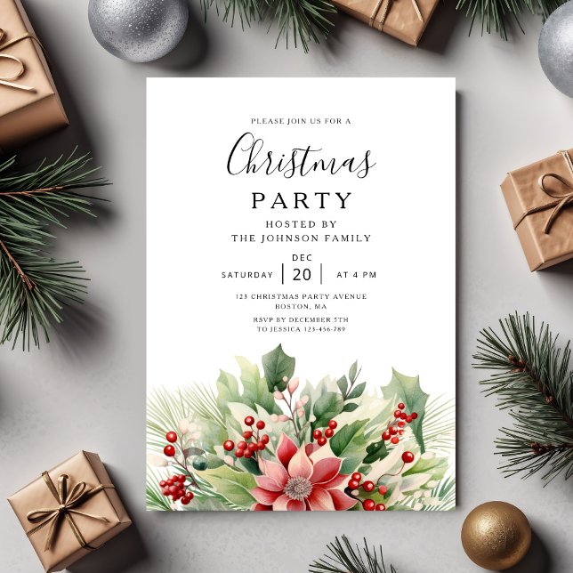 Convites Festa de Natal Botânica de Inverno Elegante (Elegant Winter Botanical Christmas Party Invitation)