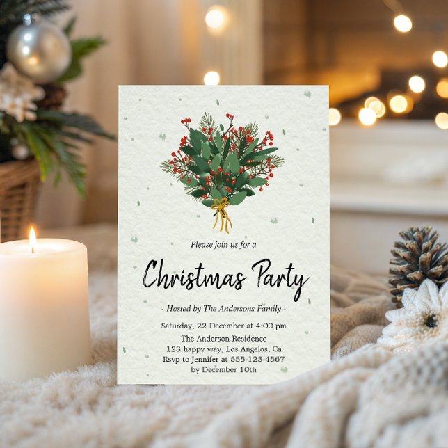 Convites Festa de Natal Botânica Elegante em Verde e Vermel (Criador carregado)