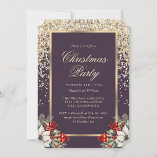 Convites Festa de Natal Botânica Elegante Roxo Dourado