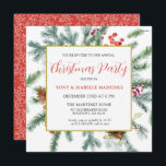 Convites Festa de Natal Botânica Elegante Rustic Winter<br><div class="desc">Este modelo de Y quadrado apresenta uma estrutura dourada decorada com galhos de pínus,  bagas vermelhas e cones de pínus. Muito espaço branco lhe dá um sentimento aberto e elegante.</div>